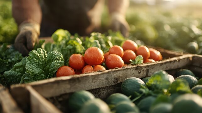 A vibrant collection of ripe tomatoes and fresh greens displayed in old wooden crates, illustrating the beauty of farm harvests and natural produce for healthy living.