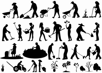 Silhouettes of people gardening and landscaping with various tools and equipment shown in black and white created with generated ai