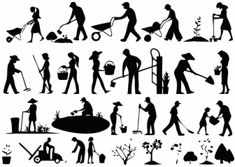 Silhouettes of people gardening and farming with tools and plants in a black and white illustration created with generated ai
