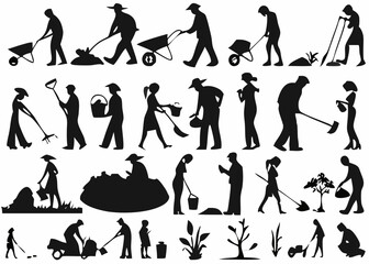 Silhouettes of people gardening and working with tools like shovels and wheelbarrows in a black and white image created with generated ai