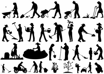 Silhouettes of people gardening with tools like shovels rakes wheelbarrows and watering cans in a garden created with generated ai