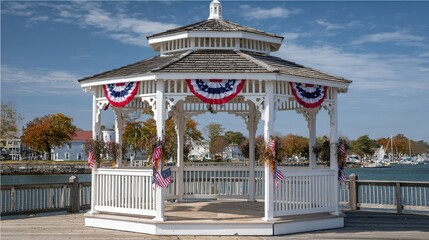 A festive gazebo on a waterfront pier is adorned with American decorations for a holiday.