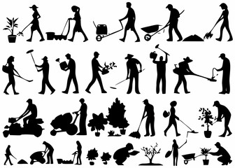 Silhouettes of various people engaged in gardening activities and using gardening equipment tools created with generated ai