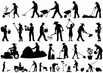 Silhouettes of people gardening and doing yard work with tools and equipment in various poses and actions created with generated ai