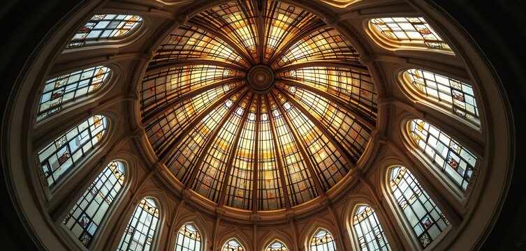 Spectacular church stained glass dome ceiling with soft warm lighting. Interior architecture decor. Religious, spiritual, artistic, cultural place. Architectural background with ornate details.