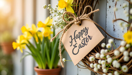 Spring Easter wreath with flowers and tag on wooden background  