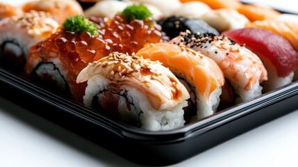 An artistic arrangement of sushi on a black platter presents an assortment of colorful rolls, showcasing culinary craftsmanship and the delight of Japanese cuisine.