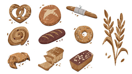 Freshly Baked Bread and Pastry Vector Illustrations Set.