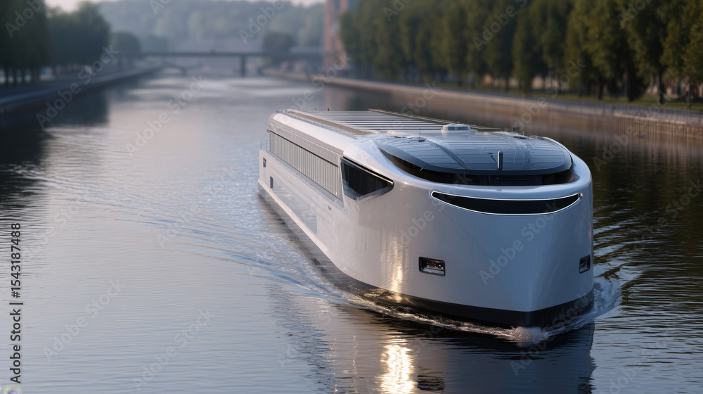 Aufkleber a sleek, autonomous cargo vessel glides smoothly along a tranquil waterway during sunset. its advanc