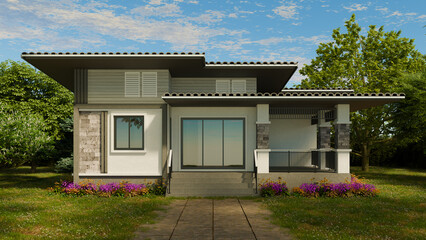 A 3D-rendered modern single-story house with contemporary architecture features clean lines, flat roofs, stone and white siding, surrounded by lush green landscaping and colorful flowers.