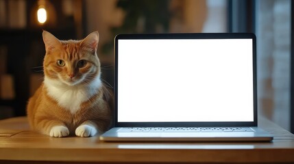Cat At Desk. White Laptop Screen on Wooden Table Background
