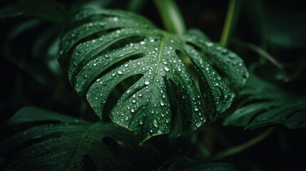 Fototapeta premium Large green monstera leaf with water droplets, showcasing fresh, natural beauty and lush tropical foliage in soft, natural light