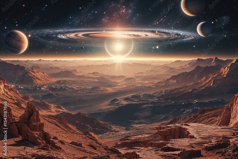 Poster remote planetary landscape featuring cosmic view and celestial objects