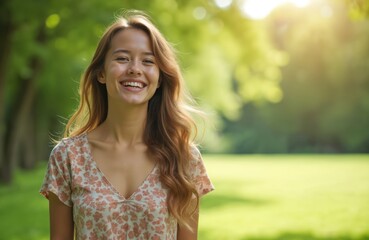 Young woman smiles joyfully in lush green park on sunny day. Woman with long hair expresses happiness enjoying vacation lifestyle. Beautiful young female relaxing in nature with sunlight.