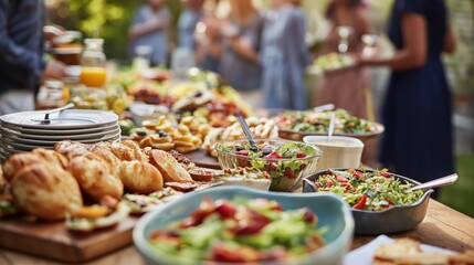 Festive Feast: A vibrant outdoor gathering features a tantalizing spread of fresh salads, bread, and beverages, inviting guests to a celebration of flavors.  AI image. 