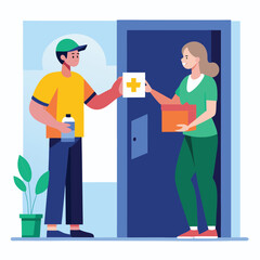 delivery person giving medicine box to customer at