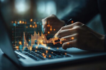 Entrepreneur triggering virtual investment chart, innovation and wealth concept