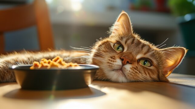 A serene image of a relaxed cat lying beside its bowl of food, capturing a moment of domestic tranquility and the bond between pets and their owners in a cozy home environment.