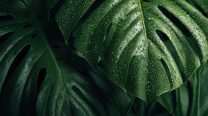 Large green Monstera leaves covered with fresh water droplets, showcasing lush tropical foliage and vibrant natural textures