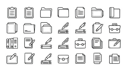 Collection of hand-drawn office icons depicting documents, folders, files, briefcases, notebooks, and pens on a clean white backdrop, silhouette