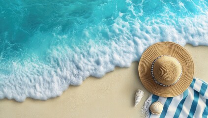 Beach scene, waves, straw hat, towel