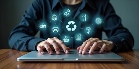 Business professional using laptop with futuristic recycling icons, symbolizing eco friendly innovation, sustainable technology, and green solutions