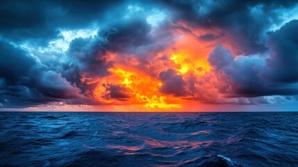 Fiery sunset ablaze through dramatic storm clouds over a vast ocean