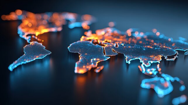 A glowing digital world map with illuminated points, representing global connectivity and technology on a dark background
