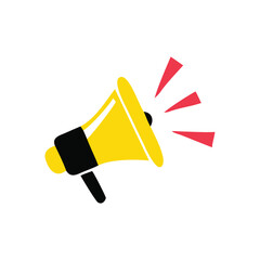 Yellow megaphone with sound waves, symbolizing announcements, notifications, and loud communication.
