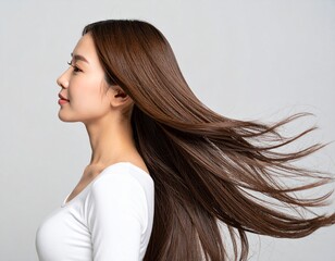 長い髪をなびかせるヘアモデルの女性　横顔　笑顔