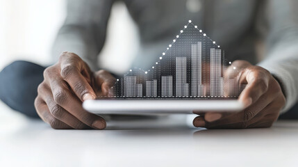 Person holding tablet with holographic bar graph display, symbolizing data analysis and technology. image conveys sense of innovation and modern business solutions