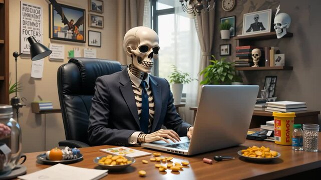Skeleton in business suit working on laptop in modern office interior
