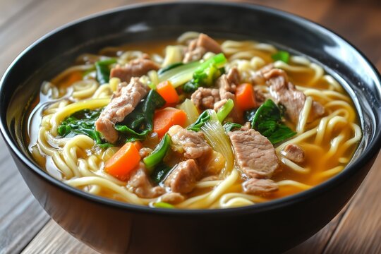 Delicious bowl of aush noodle soup featuring tender meat, fresh vegetables, and savory broth enjoyed in a cozy setting