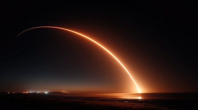 A long exposure photograph of the bright orange light from an atmospheric rocket taking off at night. Afterburner. A rocket launch