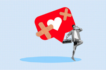 Image zine trend photo collage of happy hipster man stand taped plaster heart like notification...