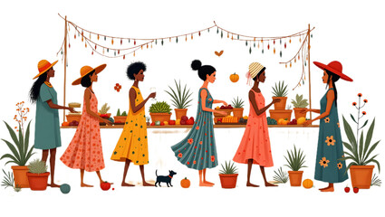 Colorful digital illustration of a woman shopping at a fruit market, isolated on transparent background—ideal for design projects, marketing, and cultural themes.