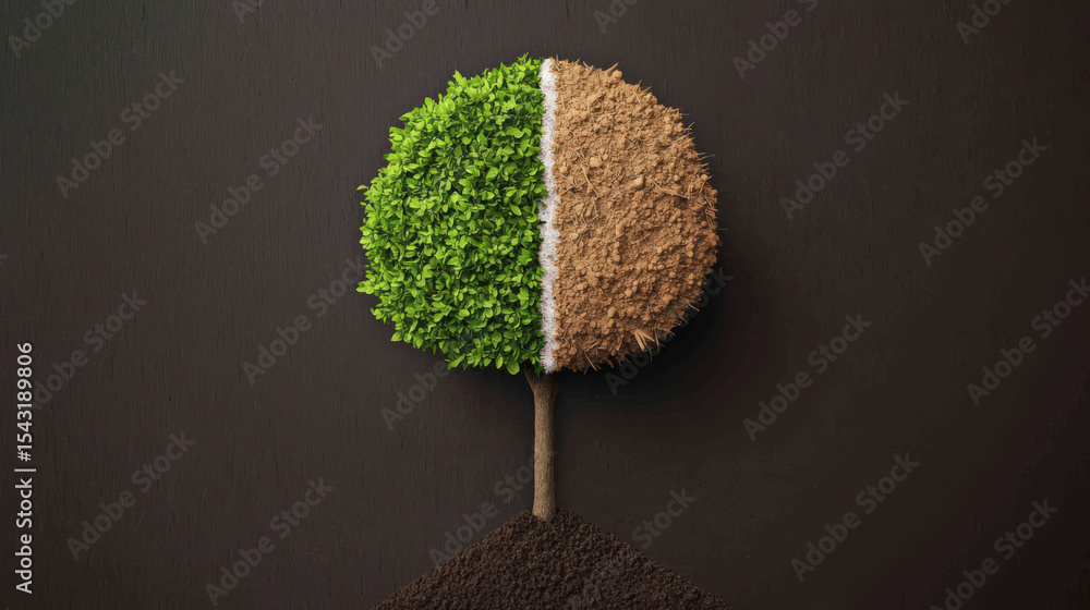 Poster tree with one half lush green and other half barren symbolizes impact of deforestation. contrasting 