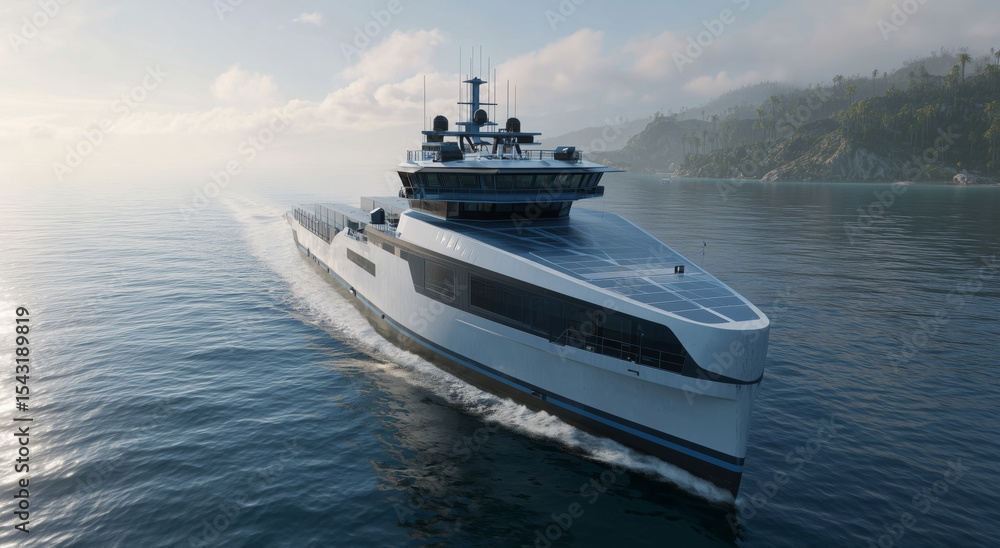 Poster a modern cargo vessel equipped with advanced autopilot technology sails through calm waters, surroun