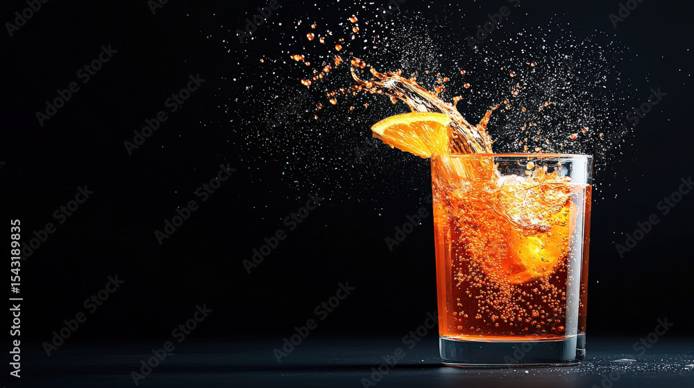 Aufkleber vibrant image of refreshing beverage with orange slice splashing into glass, creating dynamic drople