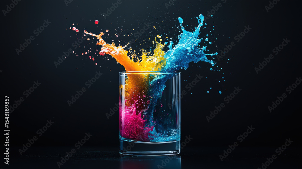 Poster Vibrant splash of colorful liquids erupts from glass against dark background, creating dynamic and energetic visual. vivid hues of orange, blue, and pink contrast sharply with black backdrop