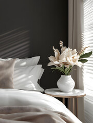Naklejka premium Bedroom background for zoom call. Creative interior design of bedroom. Minimalistic cozy room design