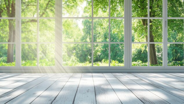 Fototapeta Sunny room with large windows,  showing a lush green forest. Sunlight streams in, illuminating a light wood floor
