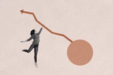 Banner image collage of person stand achieve near round arrows up on pastel background