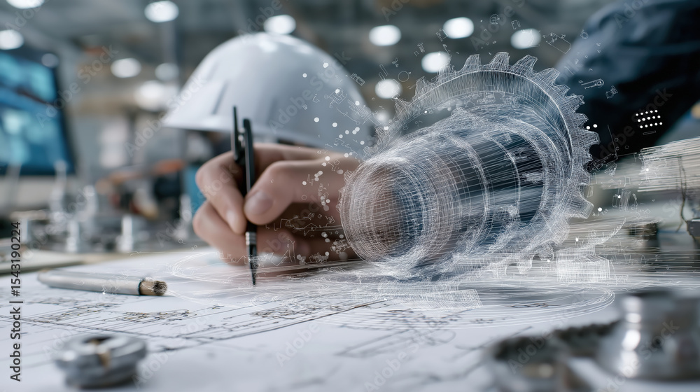 Poster hand sketches detailed mechanical gear design on paper, symbolizing innovation and precision in engi
