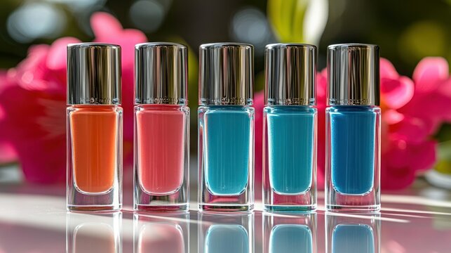 Five vibrant nail polish bottles in coral, pink, and blue hues, displayed on a reflective surface