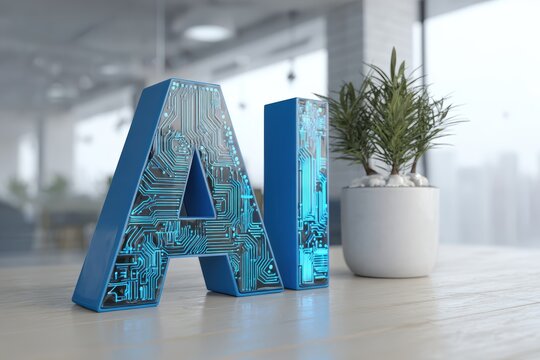Large "AI" letters with a circuit board pattern are displayed on a desk beside a potted plant in a modern office setting
