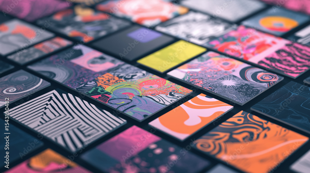 Poster collection of vibrant abstract art pieces displayed grid pattern, showcasing variety of colors and i