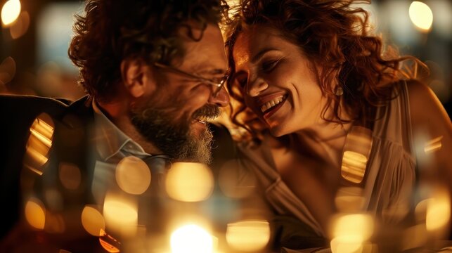 A heartwarming scene of a couple sharing joyful laughter and affection over dinner, with soft glow lights enhancing their intimate connection and warmth.