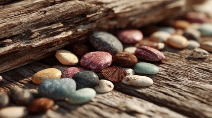 Colorful Smooth Stones on Rustic Wooden Surface