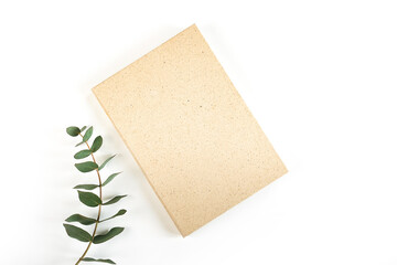 Natural kraft notebook placed beside a green eucalyptus branch on a white background showcasing...